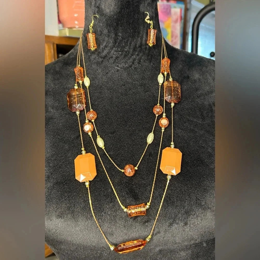 Vintage Long Floating Translucent Peach 3 Strand Multi Layer Beaded Necklace set